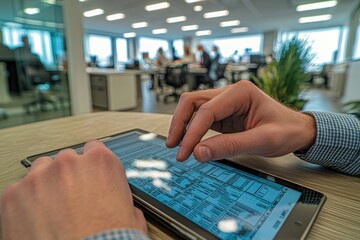 Person Using Touchscreen Tablet at Modern Office with Colleagues in Background, viewing charts, graphs, tables, and financial information for data analysis.