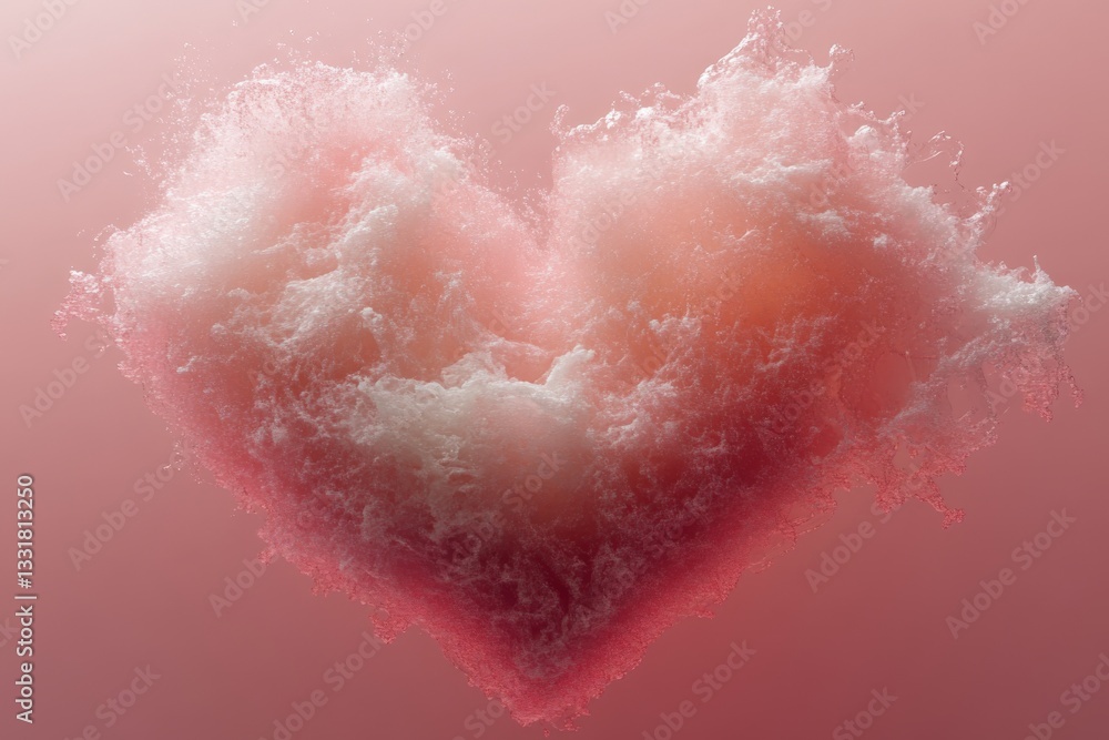 Poster creative representation of a heart shape formed by vibrant swirling clouds against a soft pink backg