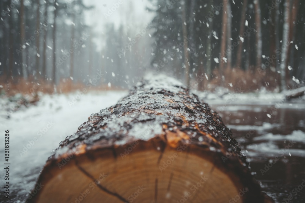 Poster fallen log in snowy forest during winter with snowflakes gently falling on the ground