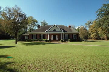 Brick ranch house on a large lawn, surrounded by trees. Ideal for real estate, home, and family lifestyle websites.