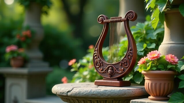 Ornate lyre rests on stone garden table amidst blossoming flowers and classical urns