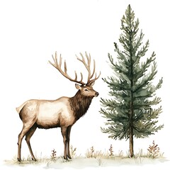 Fototapeta premium Majestic Elk in Watercolor Style A Noble Creature by a Pine Tree.