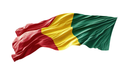 Waving flag of Mali showcasing vibrant colors of red, yellow, and green against a white background