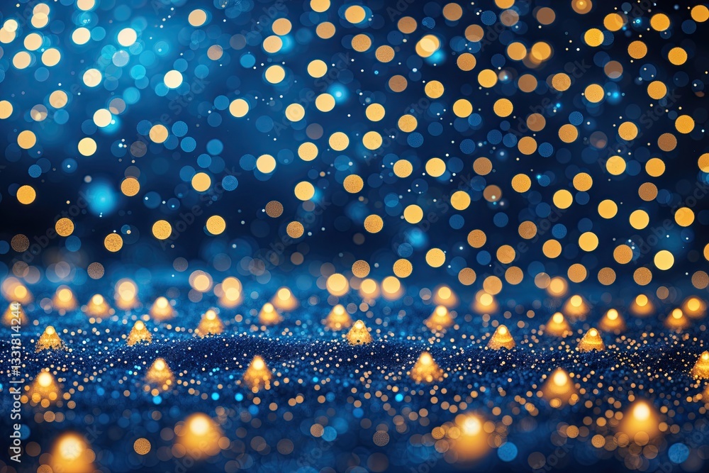 Poster blue and gold abstract particle background with christmas bokeh and festive light effects