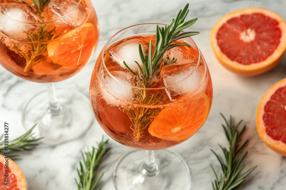 Poster refreshing citrus cocktails with herbs and ice on marble table with grapefruit halves