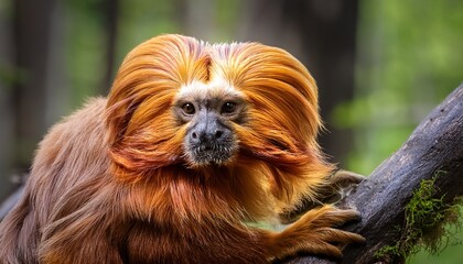 A golden lion tamarin, with its vibrant golden fur and expressive face, swings gracefully through the jungle, its tail wrapped around a branch, surrounded by lush green foliage