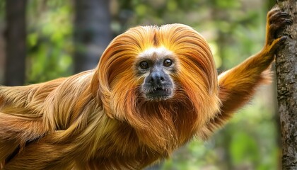 Naklejka premium A golden lion tamarin, with its vibrant golden fur and expressive face, swings gracefully through the jungle, its tail wrapped around a branch, surrounded by lush green foliage