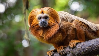 A golden lion tamarin, with its vibrant golden fur and expressive face, swings gracefully through the jungle, its tail wrapped around a branch, surrounded by lush green foliage