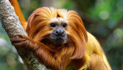 A golden lion tamarin, with its vibrant golden fur and expressive face, swings gracefully through the jungle, its tail wrapped around a branch, surrounded by lush green foliage