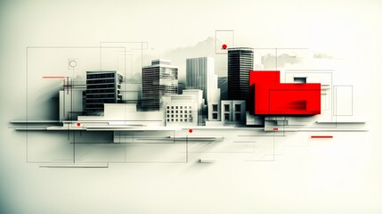 Abstract city skyline illustration with graphic design elements.