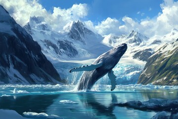 A humpback whale breaches in icy waters, majestic mountains in background. Perfect for nature documentaries, travel brochures, or environmental campaigns.