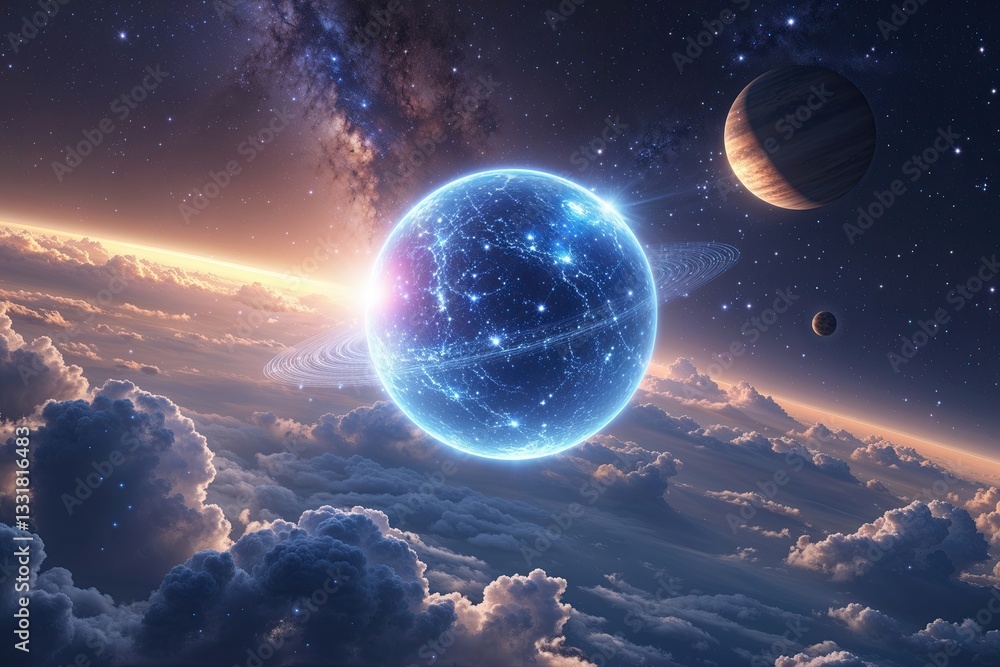 Poster luminous floating sphere in cosmic journey through celestial skies