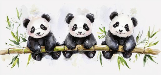 Fototapeta premium Adorable Watercolor Painting of Three Cute Pandas Sitting on a Bamboo Branch