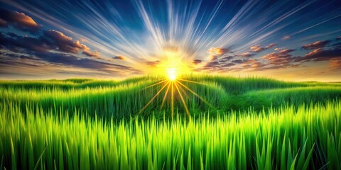Obraz premium Green Grass Sunrise Sound Waves Long Exposure Photography - Vibrant Nature Soundscape