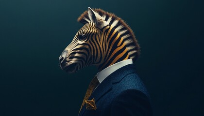 Zebra in a Suit, Anthropomorphic Fine Art Portrait on a Dark Background, Surreal Wildlife Concept