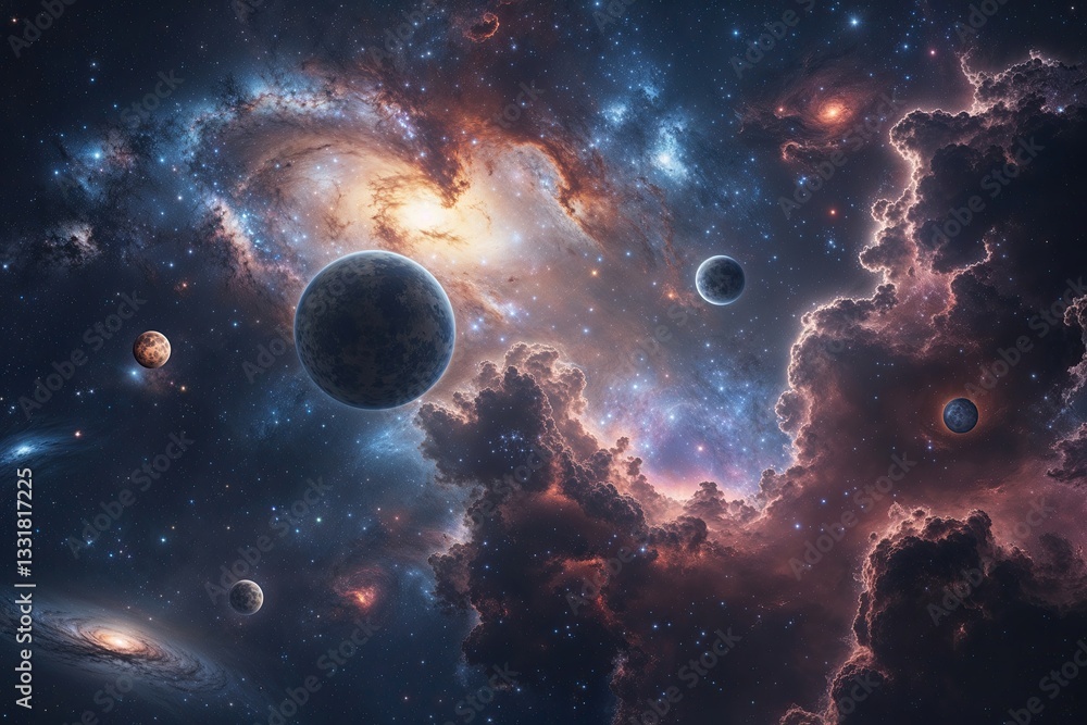 Poster expansive cosmic universe featuring nebulae and celestial bodies in wide-angle 3d visualization
