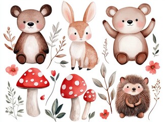Obraz premium Adorable Woodland Animals in Watercolor Style Featuring Bear, Rabbit, Hedgehog, and Mushrooms