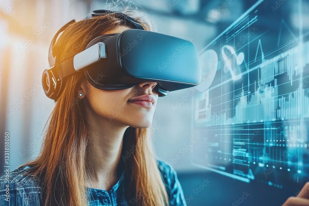 Poster young woman using virtual reality headset, immersed in a digital world with holographic data, charts