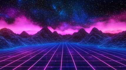 Vibrant Neon Grid Stretching into the Horizon Under a Starry Sky