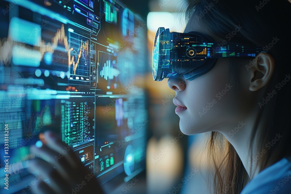 Poster a young woman immersed in a virtual reality experience, analyzing data and graphs on a futuristic sc