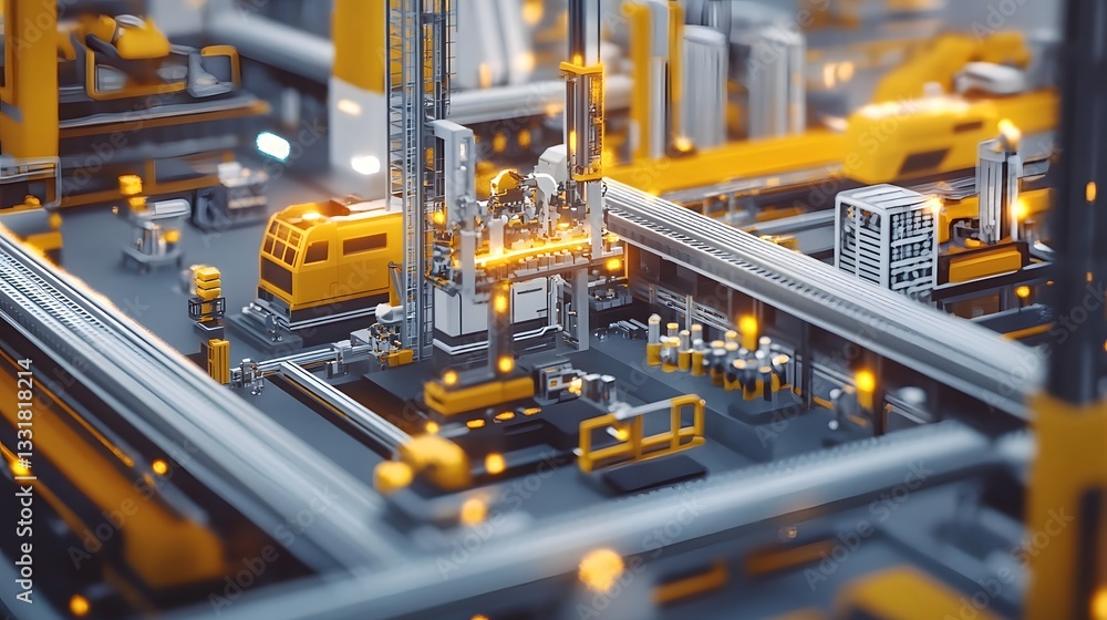 Poster a computer generated image of a factory with a yellow train in the middle. the train is surrounded b