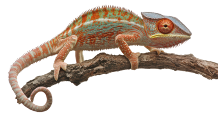 Colorful chameleon perched on a branch displaying vibrant patterns and textures in natural habitat