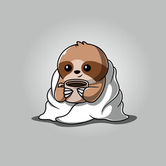 Cute Sloth Wrapped in Blanket Holding Coffee Cartoon Vector Icon Illustration Animal Cozy Icon Isolated Flat Vector
