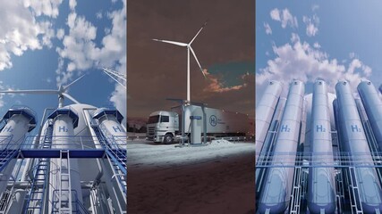 Multi-screen video featuring blue hydrogen production. Hydrogen gas stations and H2 production facilities demonstrating eco-friendly energy principles. 3d rendering.