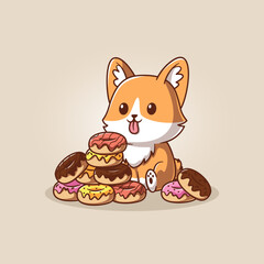 Cute Corgi Sitting with Donuts Cartoon Vector Icon Illustration Animal Food Icon Isolated Flat Vector