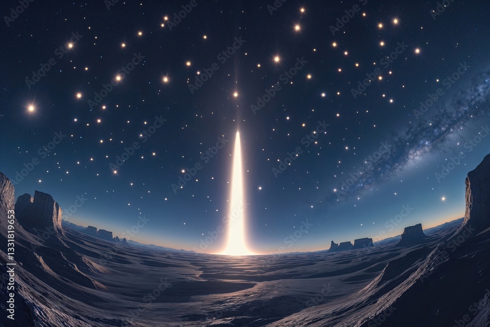 Aufkleber vast 360-degree equirectangular view of a glowing comet and twinkling stars in a serene cosmic setti