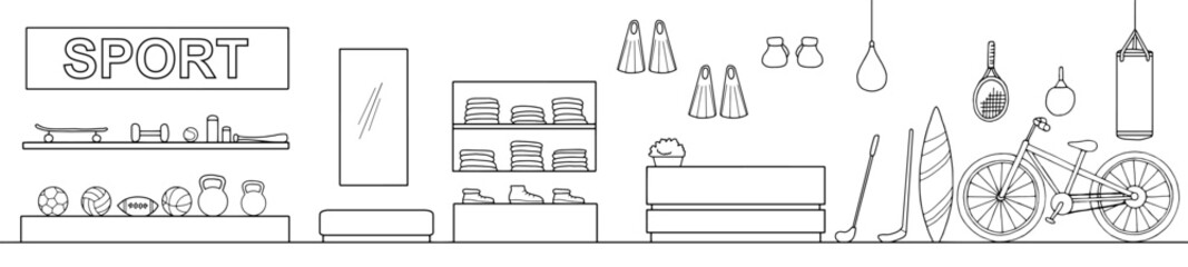Sport shop store graphic interior black white sketch long illustration vector  © aluna1