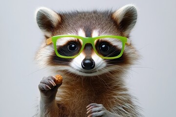 Fototapeta premium Charming Raccoon with Green Glasses Holding a Stone
