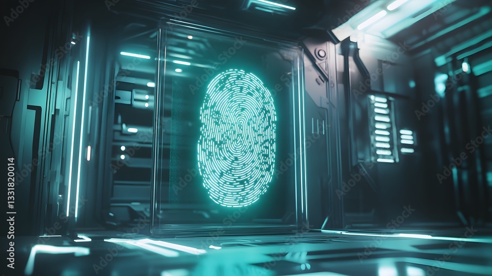 Poster futuristic digital display of a glowing fingerprint in a high-tech sci-fi environment with neon ligh