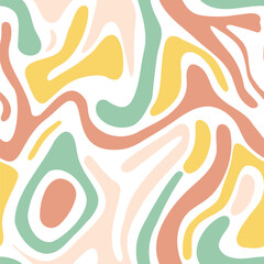 Abstract seamless pattern with wavy pastel shapes in green, yellow, and peach tones with waves. Vector illustration in trendy style retro 60s, 70s. Retro Swirl 