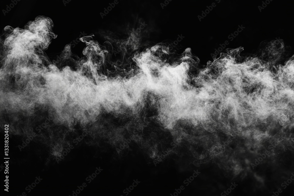 Poster swirling white smoke forms abstract patterns against a dark background in a visually striking displa