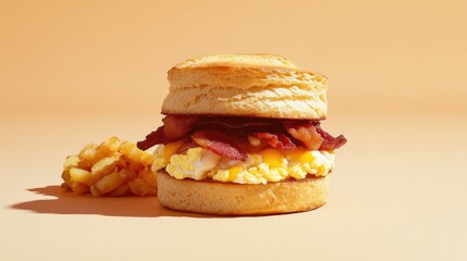 Delicious breakfast sandwich with fluffy biscuit, crispy bacon,