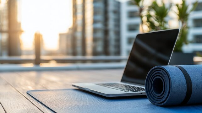 Relaxation and Productivity Blend in Urban Lifestyle with Yoga Mat and Laptop at Sunset