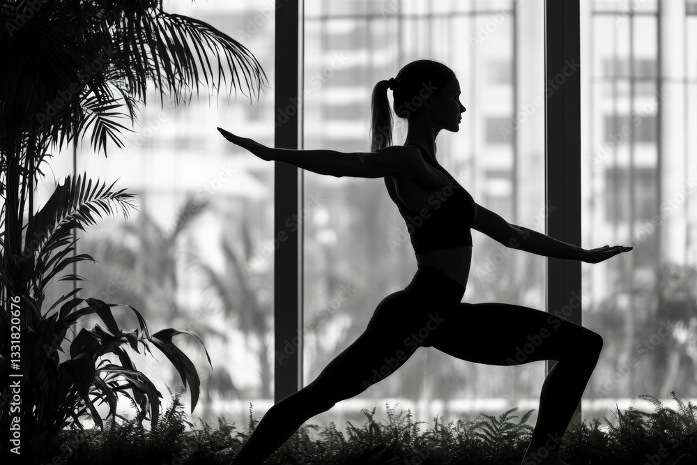 Aufkleber silhouette of a woman practicing yoga in a serene indoor setting with plants and large windows