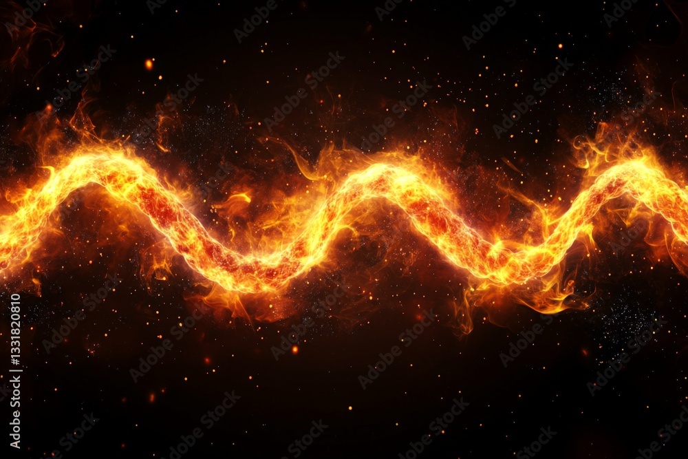 Poster Bright orange flames swirl in dark space with glowing sparks creating a mystical atmosphere