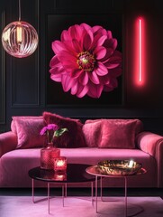 Pink Dahlia Floral Art in Modern Living Room