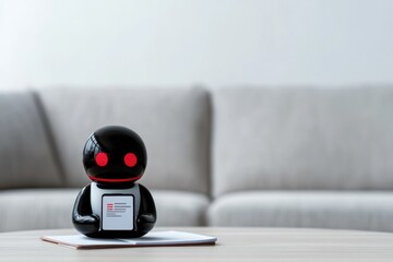 Compact robot with glowing red eyes sits on table, showcasing mo