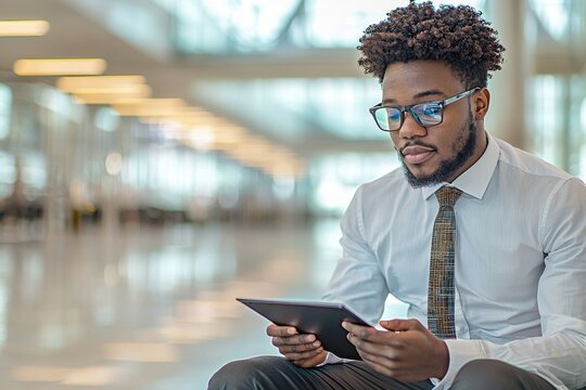 An African American Businessman in Stylish Glasses Uses a Tablet in a Modern, Brightly Lit Lobby, wearing a professional outfit and focusing on digital tasks.