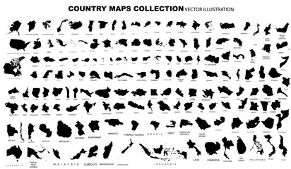 Complete Countries Map of the World Perfect Icons . Every single country map are listed and isolated with names. Vector illustration