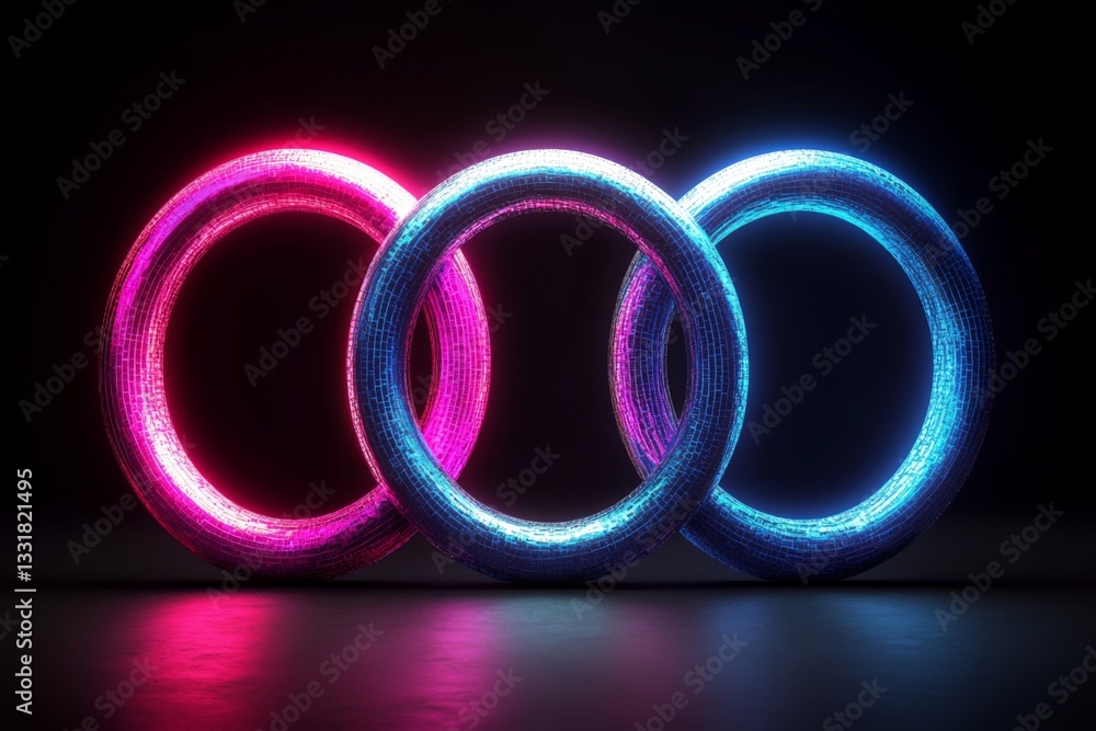 Poster colorful neon rings glowing against a dark background, creating a striking visual effect in modern a
