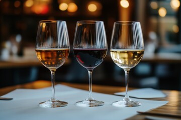 Wine tasting experience with three elegantly filled glasses at a cozy restaurant in the evening ambiance
