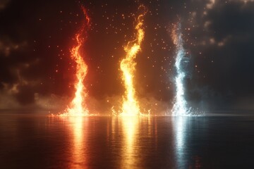 Obraz premium Colorful flames and water elements rise from the surface of a tranquil lake under a dark sky during twilight