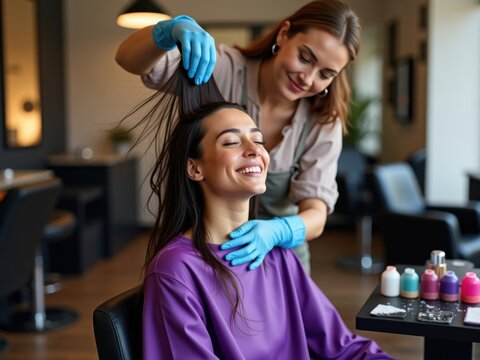 Mujer sonriente con el cabello mojado en un sal&oacute;n de belleza, mientras el peluquero le masajea el tinte en las ra&iacute;ces con las manos enguantadas