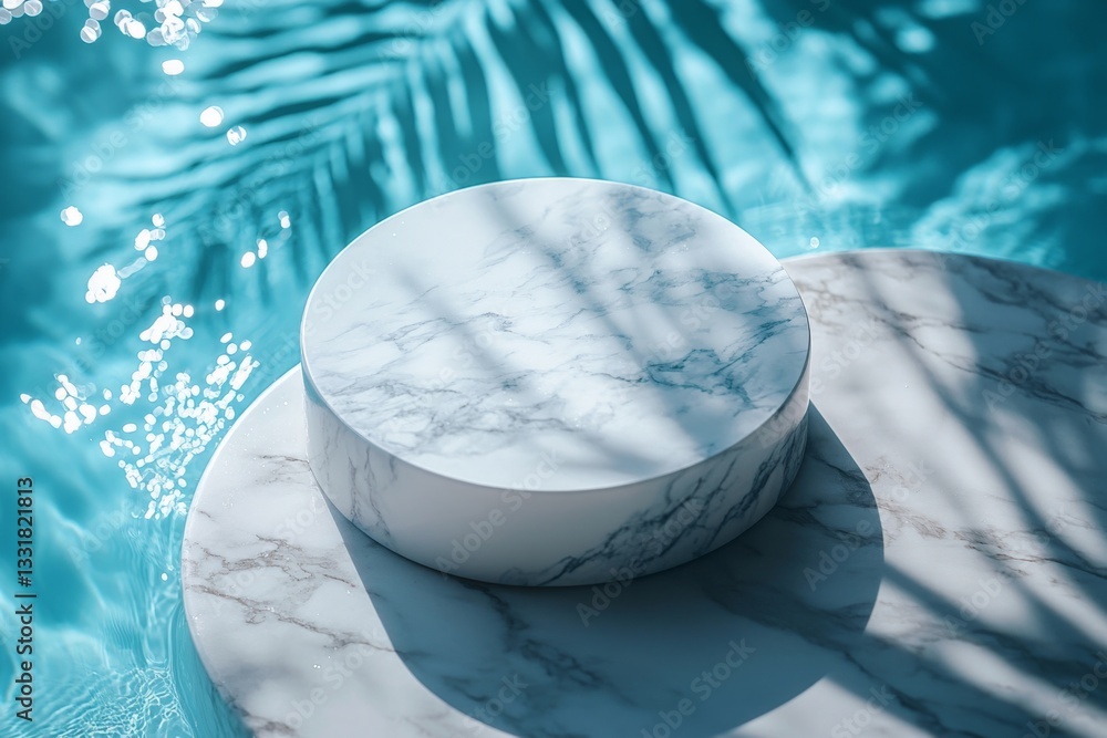 Poster elegant marble surface resting in a turquoise pool surrounded by palm shadows on a sunny day