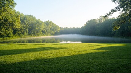 Tranquil morning scene with mist rising over calm water and lush