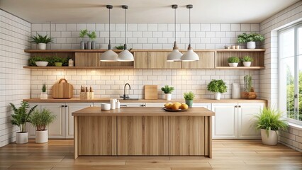 Modern Wooden Kitchen Counter with White Wall Tiles â€“ Aesthetic Culinary Space for Stylish Interiors and Home Decor Inspiration